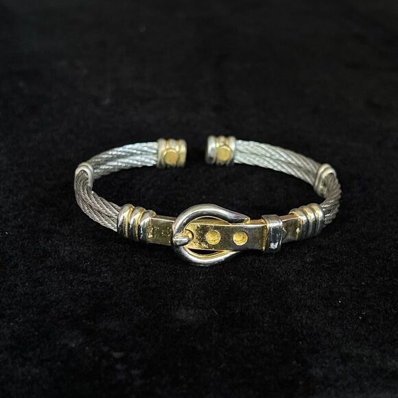 Vintage Stainless Steel and Gold Plated "Belt Buckle" Mixed Metal Cuff Bracelet - Picture 1 of 7